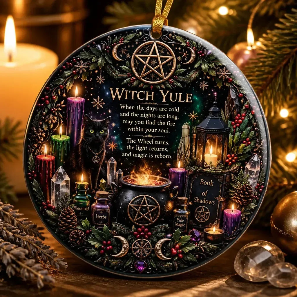 Wiccan Altar Yule Ceramic Ornament – Pagan Ritual Tree Ornament_mockup_2.webp