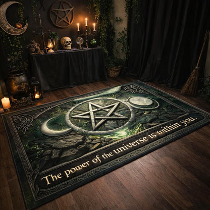 Wiccan area rug with a large pentagram, moon, and "The power of the universe is within you" text.