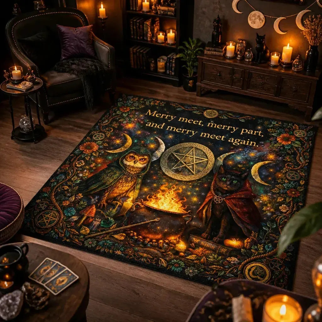 Wiccan Area Rug with Wizard Owl, Moon Phases - Pagan Carpet for Witchy Yule Decor_mockup_1.webp
