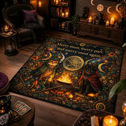 Wiccan Area Rug with Wizard Owl, Moon Phases - Pagan Carpet for Witchy Yule Decor_mockup_1.webp