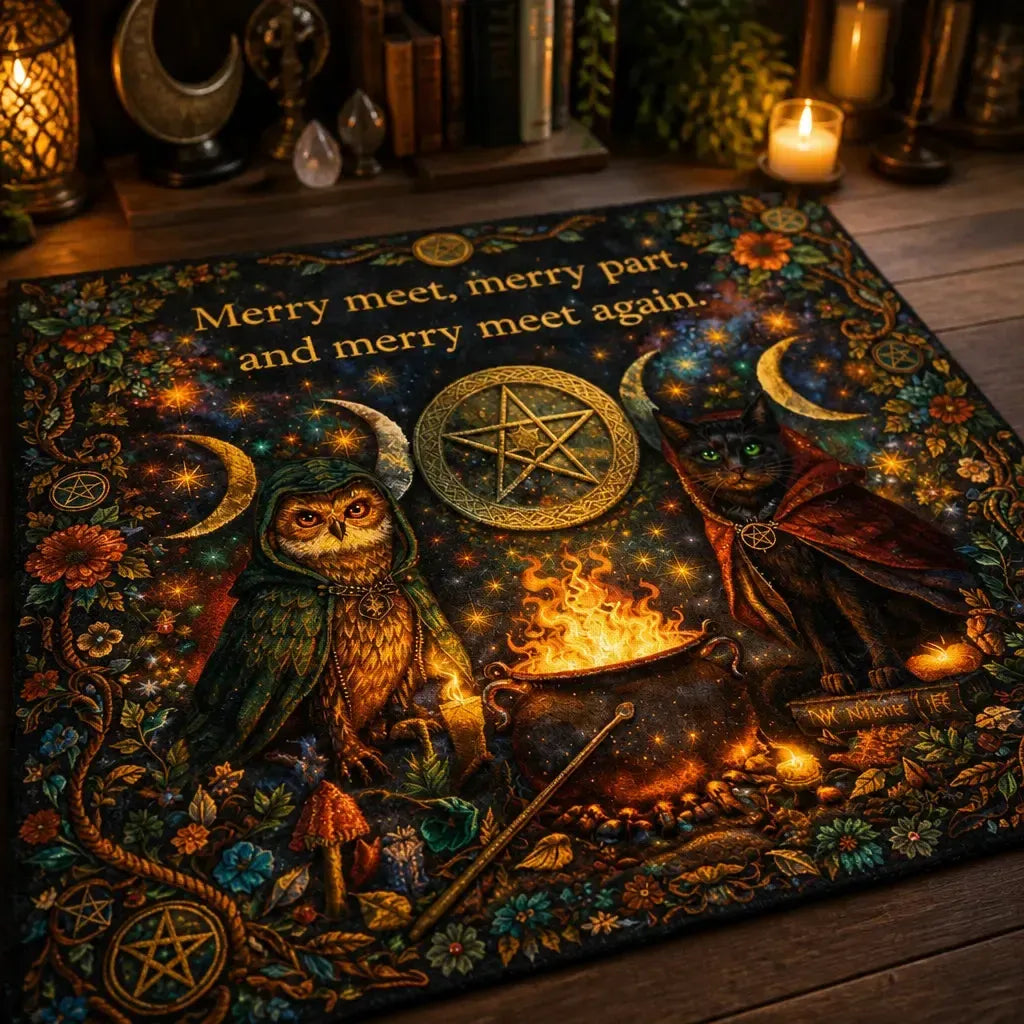 Wiccan Area Rug with Wizard Owl, Moon Phases - Pagan Carpet for Witchy Yule Decor_mockup_3.webp