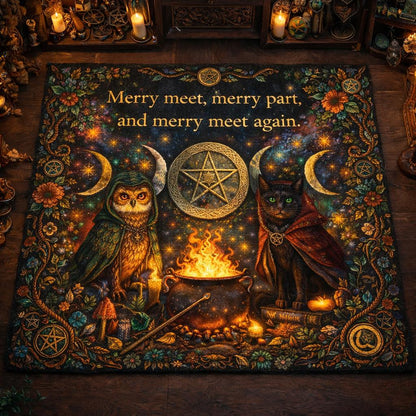 Wiccan area rug with a wizard owl, black cat, cauldron, moon phases, and "Merry meet" text.