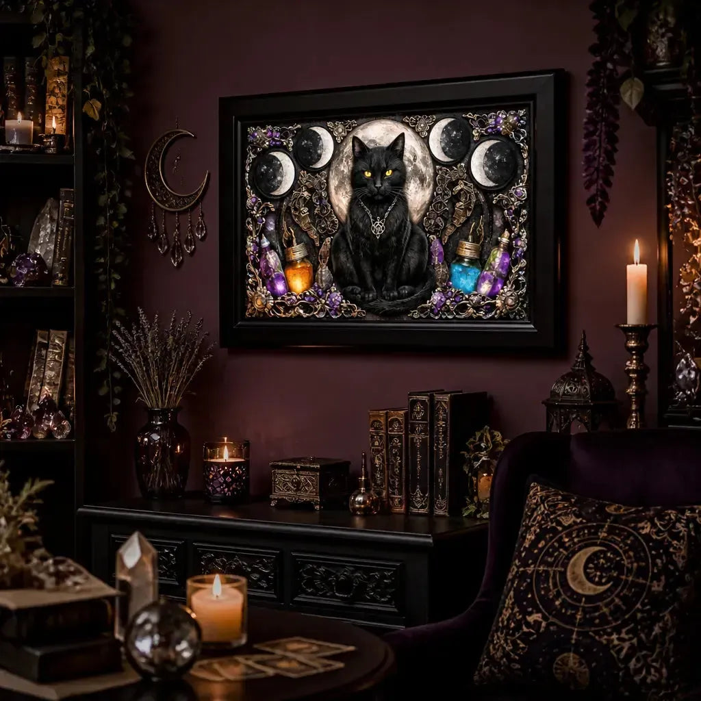 Wiccan Black Cat Canvas Print with Moon Phase - Black Framed Wall Art for Witchy & Gothic Decor_mockup_1.webp