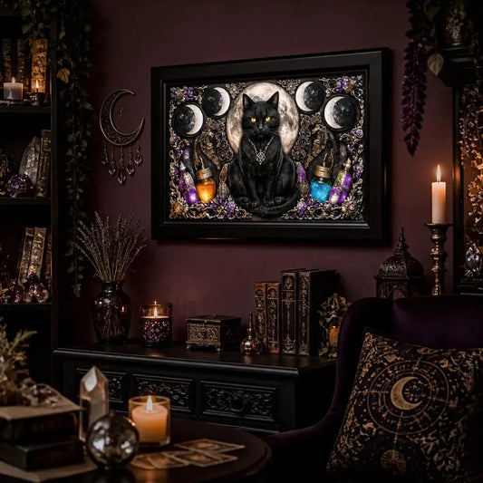 Wiccan Black Cat Canvas Print with Moon Phase - Black Framed Wall Art for Witchy & Gothic Decor_mockup_1.webp