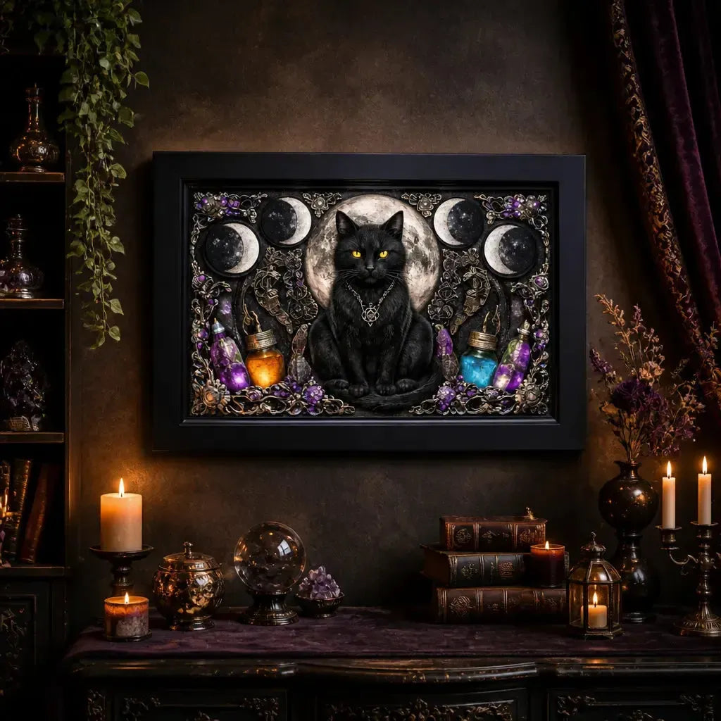 Wiccan Black Cat Canvas Print with Moon Phase - Black Framed Wall Art for Witchy & Gothic Decor_mockup_2.webp