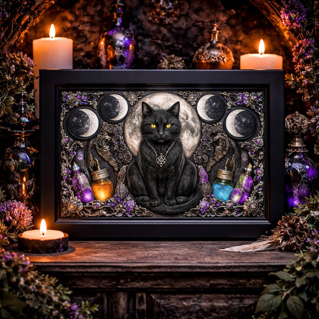 Wiccan Black Cat Canvas Print with Moon Phase - Black Framed Wall Art for Witchy & Gothic Decor-MoonChildWorld