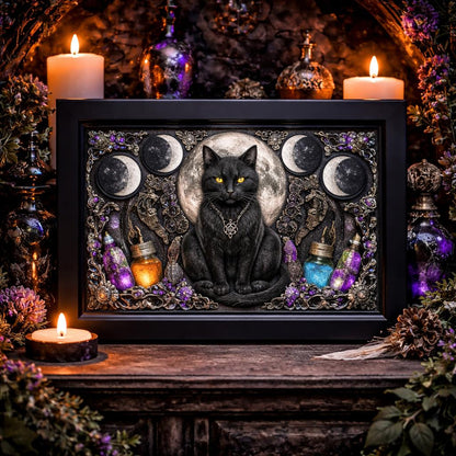 Wiccan Black Cat Canvas Print with Moon Phase - Black Framed Wall Art for Witchy & Gothic Decor-MoonChildWorld