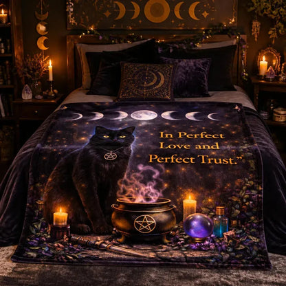Wiccan Black Cat & Moon Phases Blanket – Witchy Cat Blanket for Halloween_mockup_1.webp