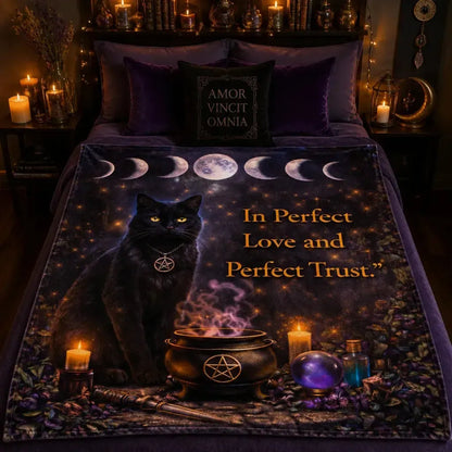 Wiccan Black Cat & Moon Phases Blanket – Witchy Cat Blanket for Halloween_mockup_2.webp
