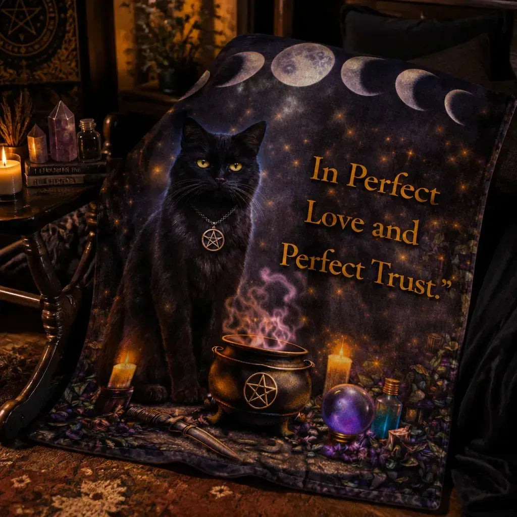 Wiccan Black Cat & Moon Phases Blanket – Witchy Cat Blanket for Halloween_mockup_3.webp