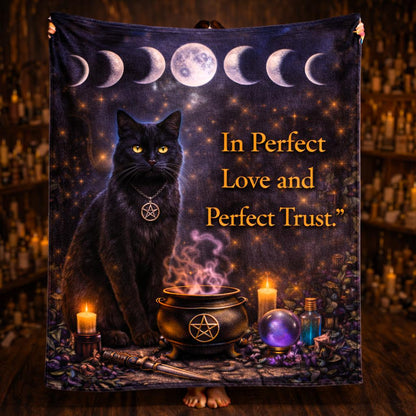 Black cat and moon phases fleece blanket with "In Perfect Love and Perfect Trust" text.