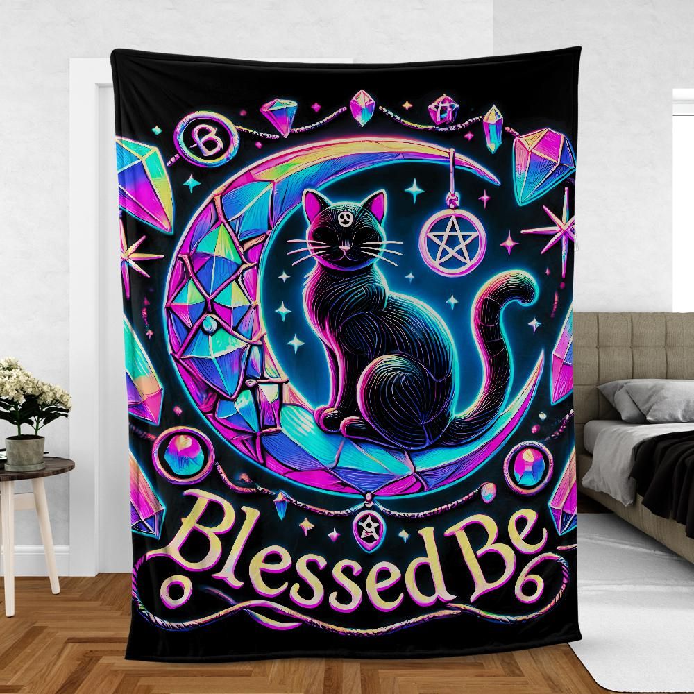 Wiccan Black Cat Throw – Celestial Witchcraft Blanket for Magic Lovers & Cat Enthusiasts-MoonChildWorld