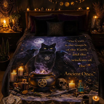Wiccan Blanket with Gothic Raven, Black Cat for Halloween Decor_mockup_1.webp