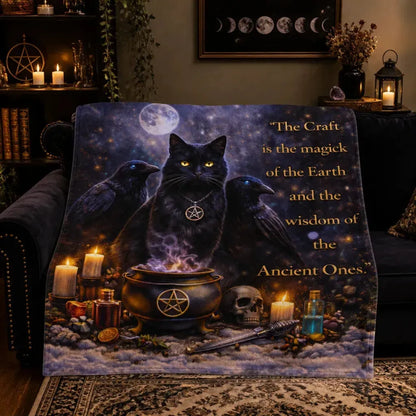 Wiccan Blanket with Gothic Raven, Black Cat for Halloween Decor_mockup_2.webp