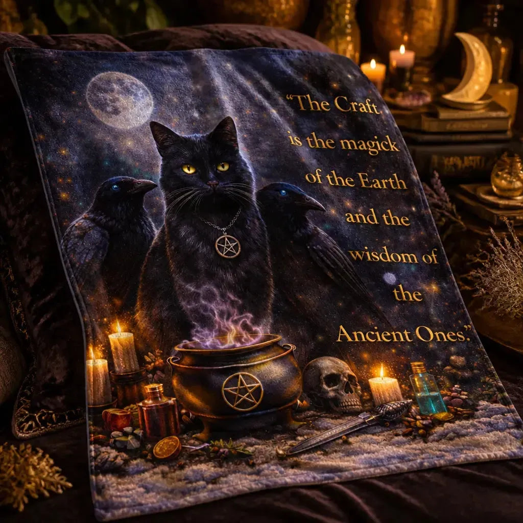 Wiccan Blanket with Gothic Raven, Black Cat for Halloween Decor_mockup_3.webp