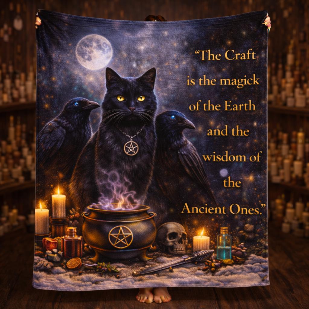 Wiccan Blanket with Gothic Raven, Black Cat for Halloween Decor-MoonChildWorld