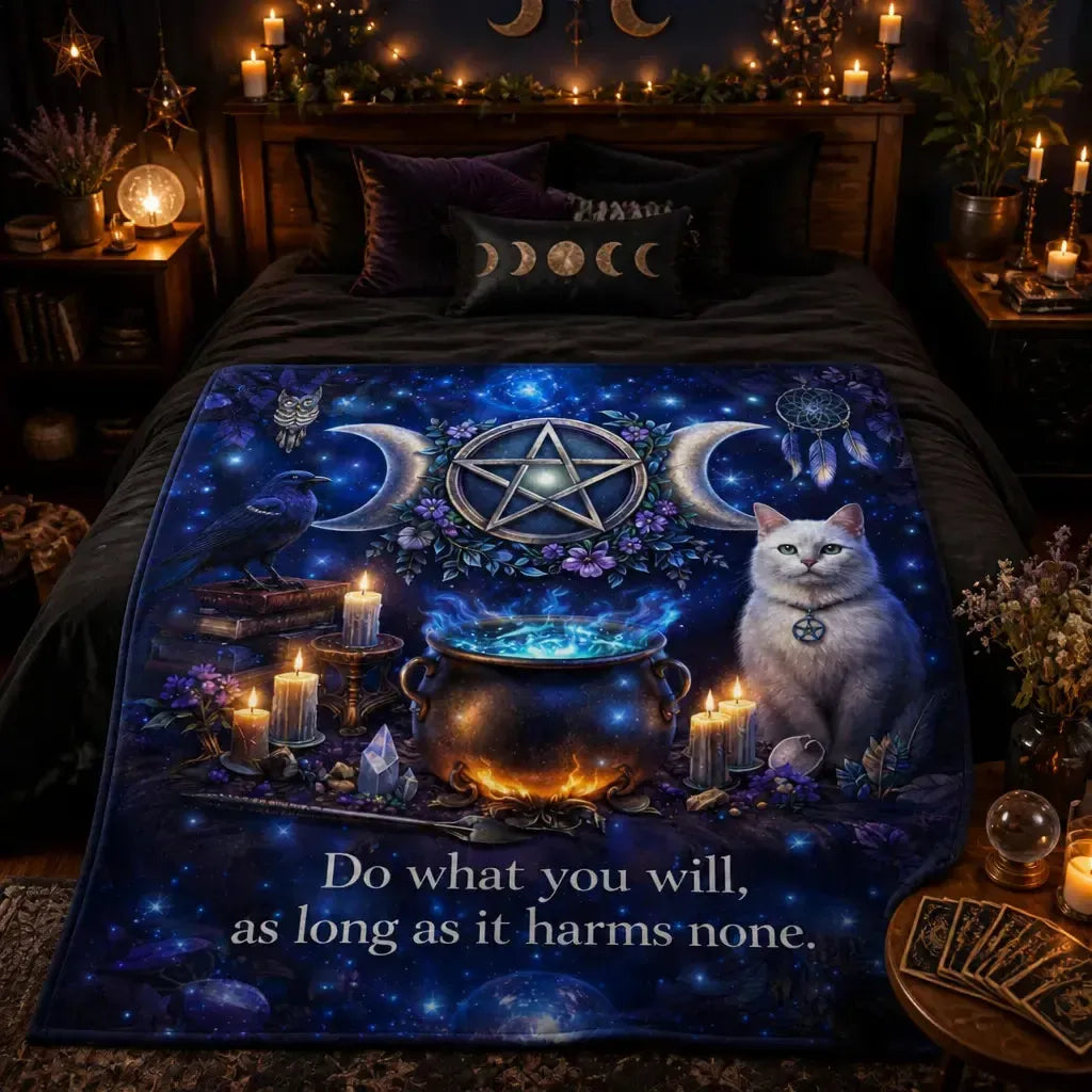 Wiccan Blanket with Triple Moon, Mystical Cat, Raven for Witchy Home Decor_mockup_1.webp