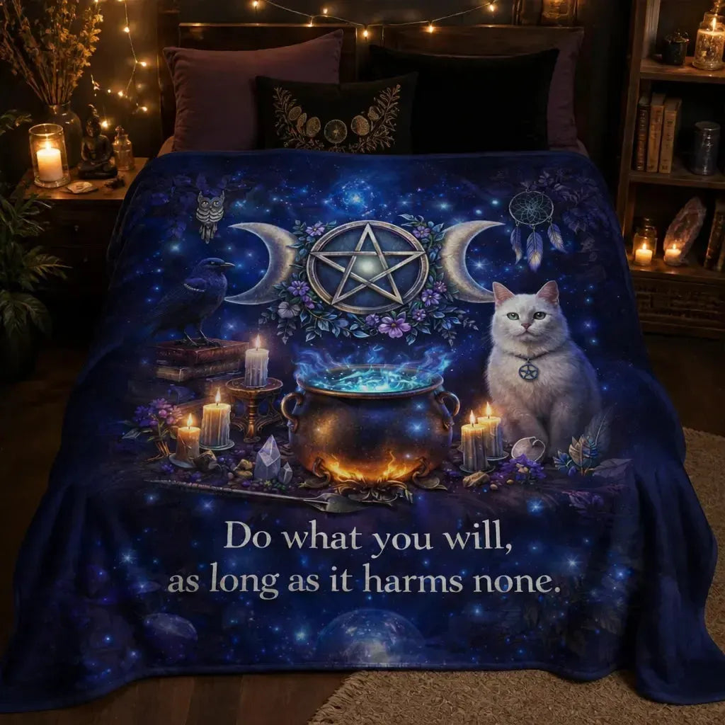 Wiccan Blanket with Triple Moon, Mystical Cat, Raven for Witchy Home Decor_mockup_2.webp