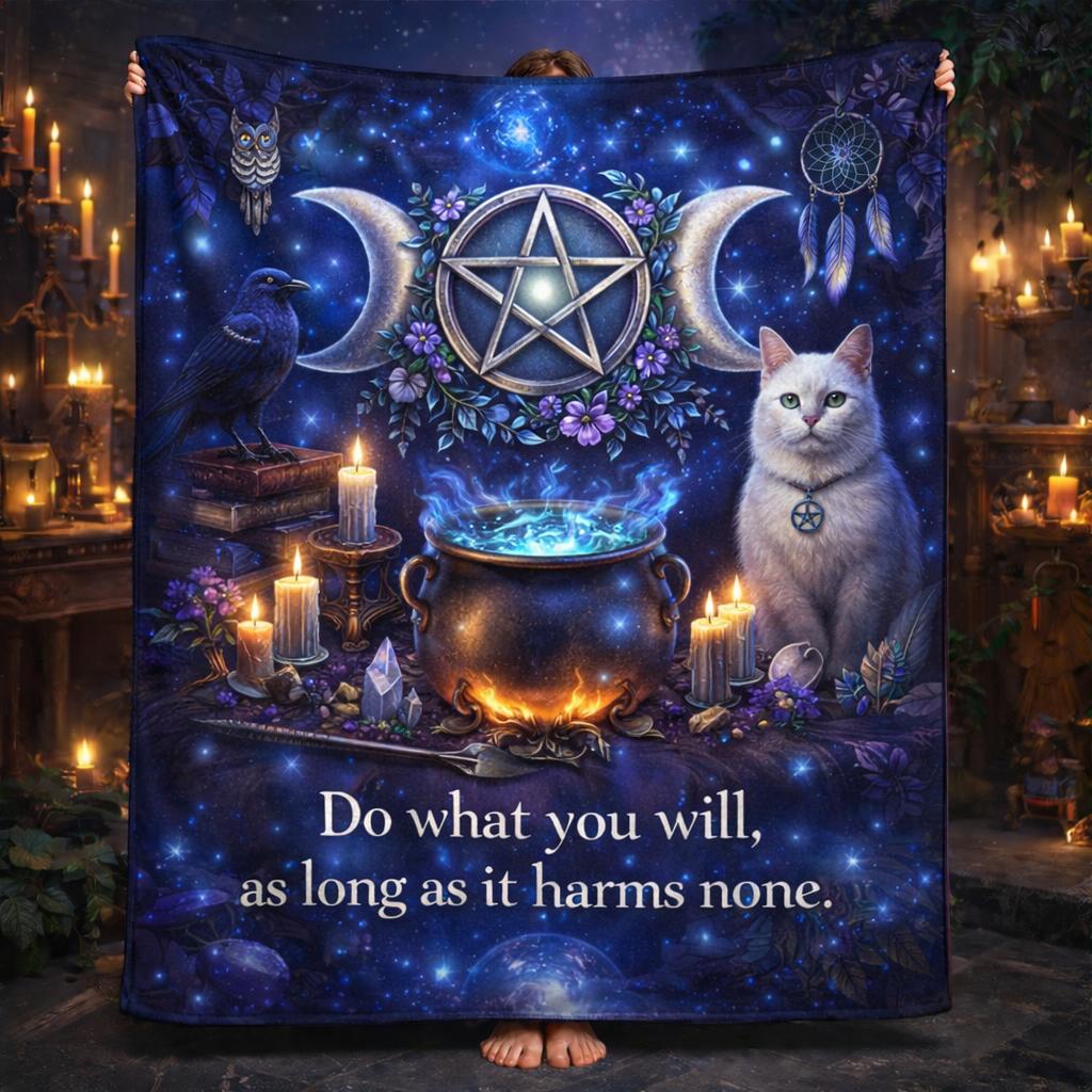Wiccan Blanket with Triple Moon, Mystical Cat, Raven for Witchy Home Decor-MoonChildWorld