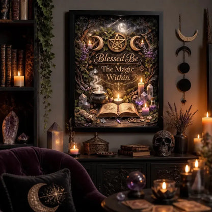 Wiccan Canvas Wall Art with Triple Moon - Black Framed Pagan Print for Witch Home Decor_mockup_1.webp