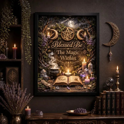 Wiccan Canvas Wall Art with Triple Moon - Black Framed Pagan Print for Witch Home Decor_mockup_2.webp