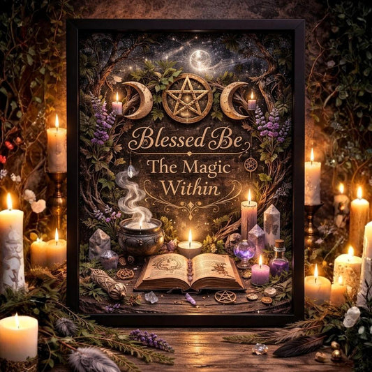 Black framed Wiccan canvas art with Triple Moon, pentacle, candles, and "Blessed Be The Magic Within" text.