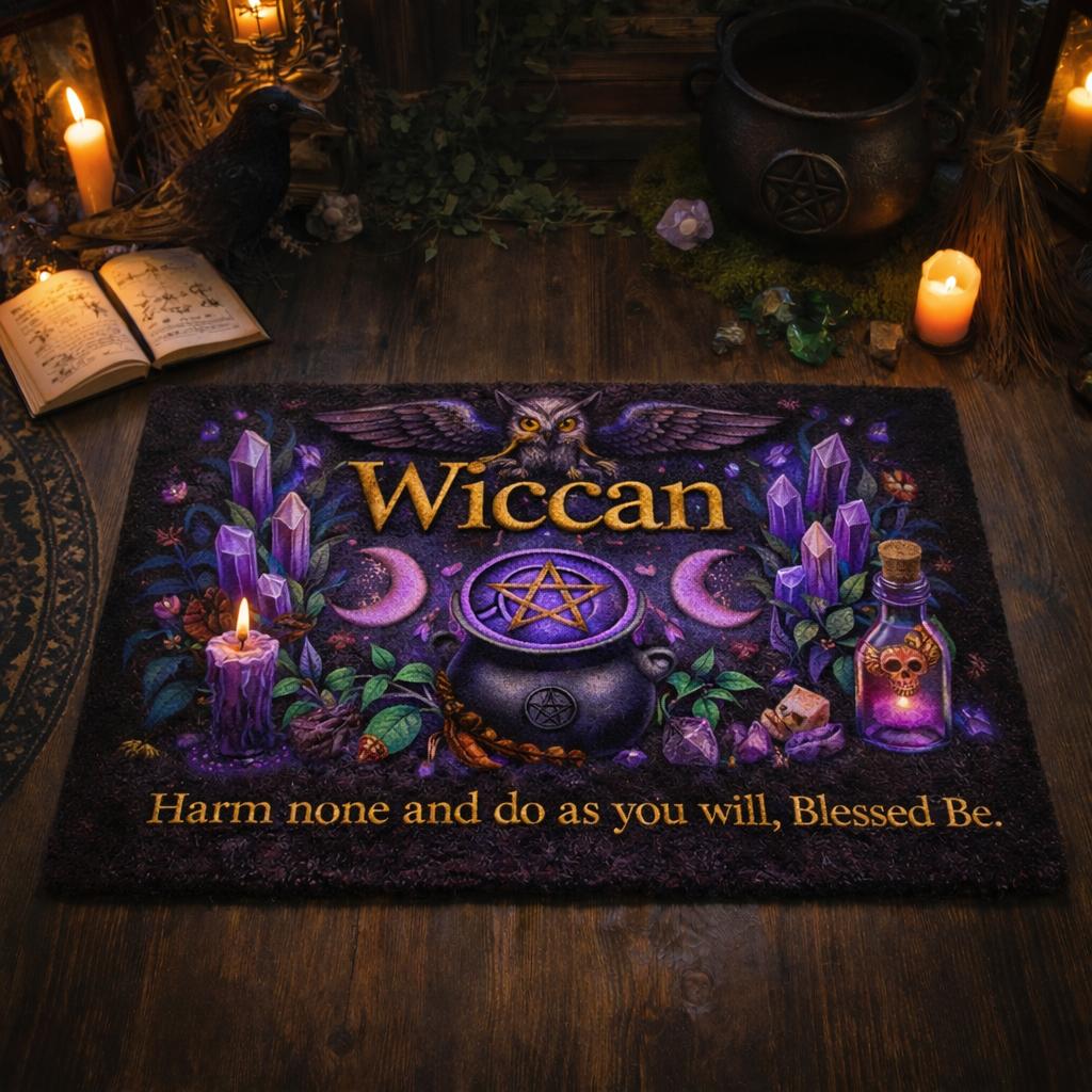Wiccan doormat with mystic owl, triple moon, pentacle cauldron, crystals, and "Harm none" quote.