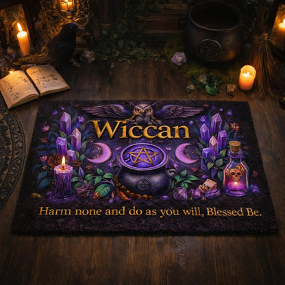 Wiccan doormat with mystic owl, triple moon, pentacle cauldron, crystals, and "Harm none" quote.