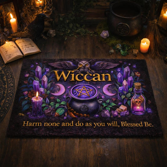 Wiccan doormat with mystic owl, triple moon, pentacle cauldron, crystals, and "Harm none" quote.