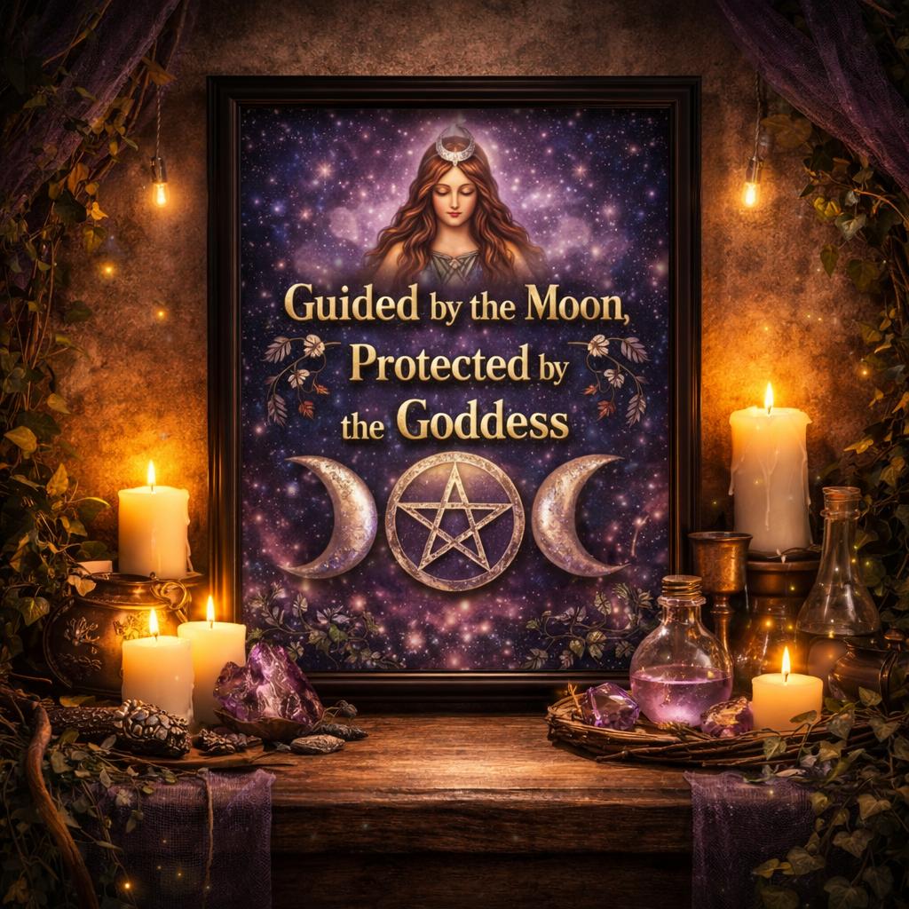 Black framed Wiccan Goddess art print with Triple Moon symbol and "Guided by the Moon, Protected by the Goddess" text.
