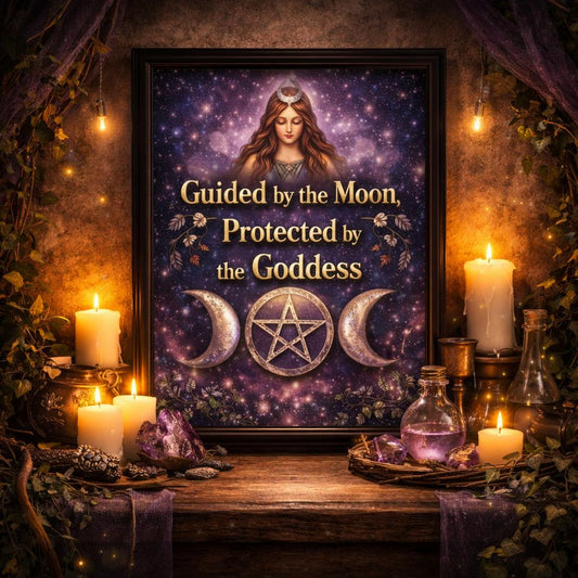 Wiccan Goddess Black Framed Art Print with Triple Moon- Pagan Canvas Wall Art for Sacred Decor-MoonChildWorld