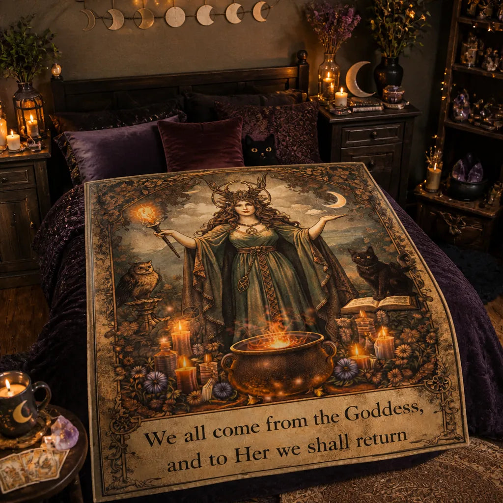 Wiccan Goddess Blanket with Black Cat, Owl for Pagan Home Decor_mockup_1.webp