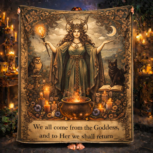 Wiccan Goddess blanket with black cat, owl, crescent moon, and cauldron, surrounded by candles.