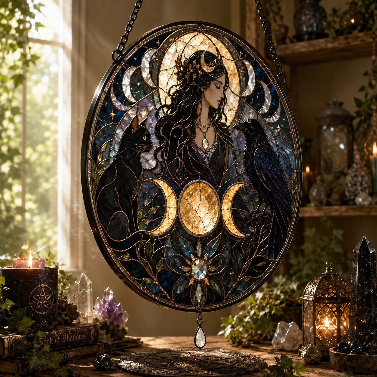 Wiccan Goddess Cat Raven Triple Moon Glass Suncatcher - hanging view