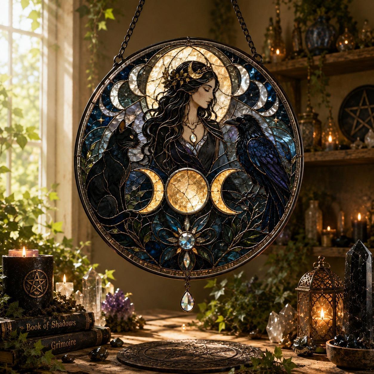 Wiccan Goddess Cat Raven Triple Moon Glass Suncatcher - sunlight glow