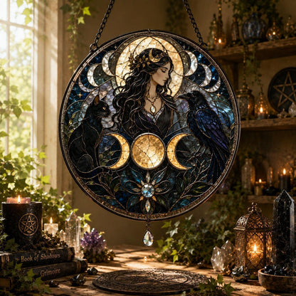 Wiccan Goddess Cat Raven Triple Moon Glass Suncatcher - sunlight glow