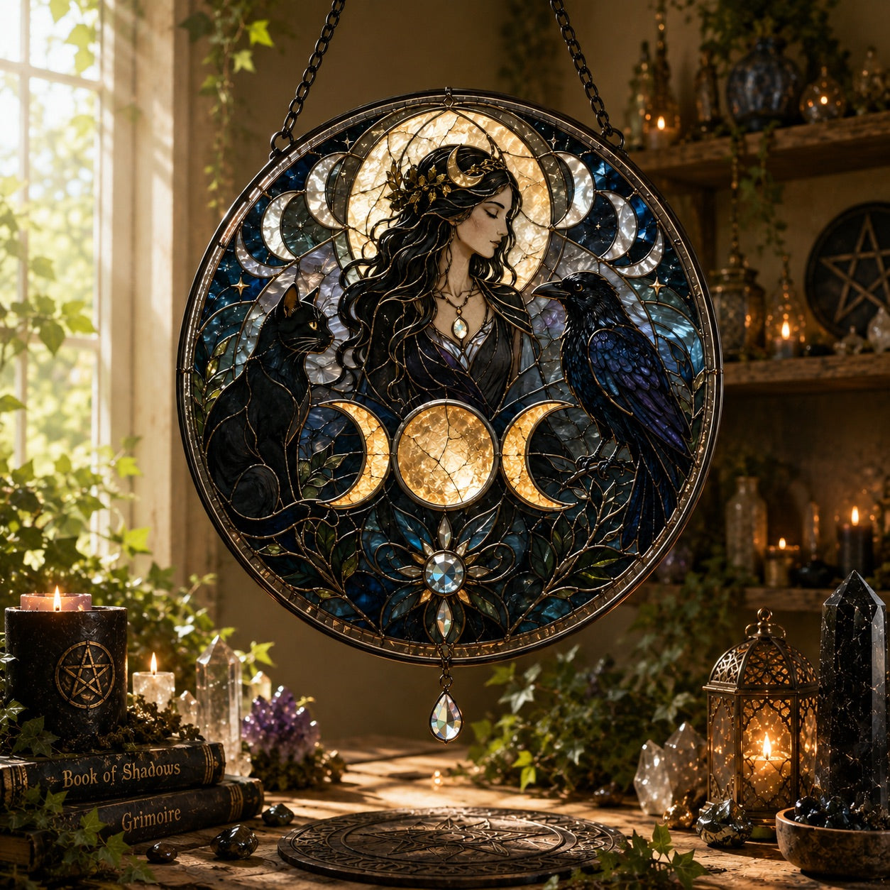 Wiccan Goddess Cat Raven Triple Moon Glass Suncatcher - sunlight glow