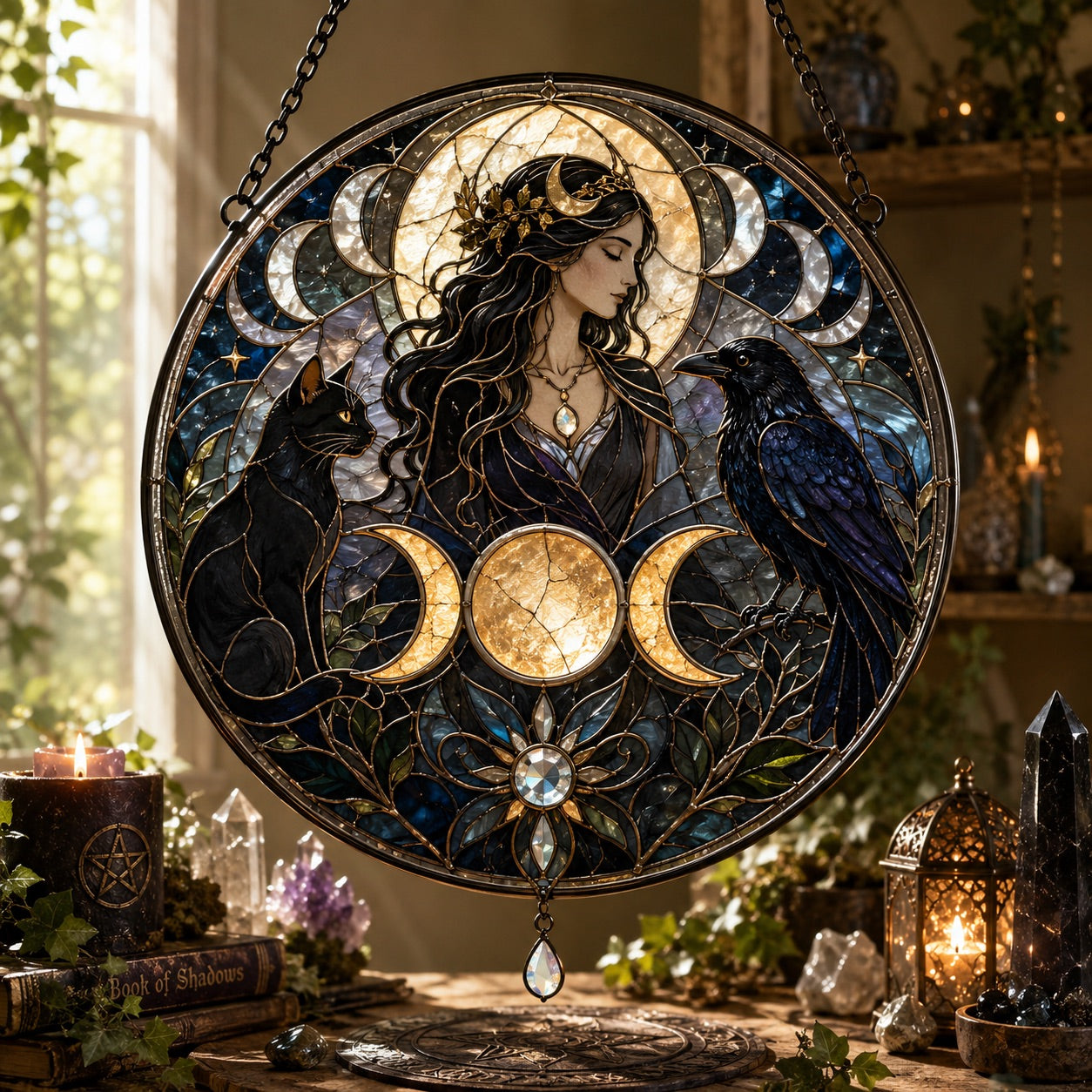 Wiccan Goddess Cat Raven Triple Moon Glass Suncatcher - window display
