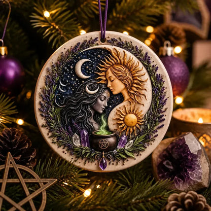 Wiccan Goddess Sun and Moon Christmas Ceramic Ornament - Pagan Yule Ornament_mockup_1.webp