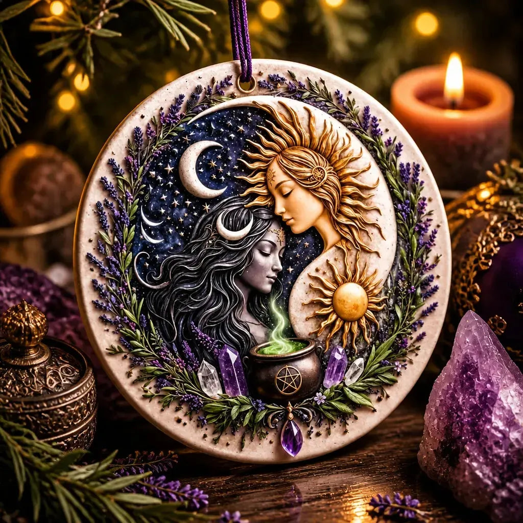Wiccan Goddess Sun and Moon Christmas Ceramic Ornament - Pagan Yule Ornament_mockup_2.webp