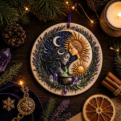 Wiccan Goddess Sun and Moon Christmas Ceramic Ornament - Pagan Yule Ornament_mockup_3.webp