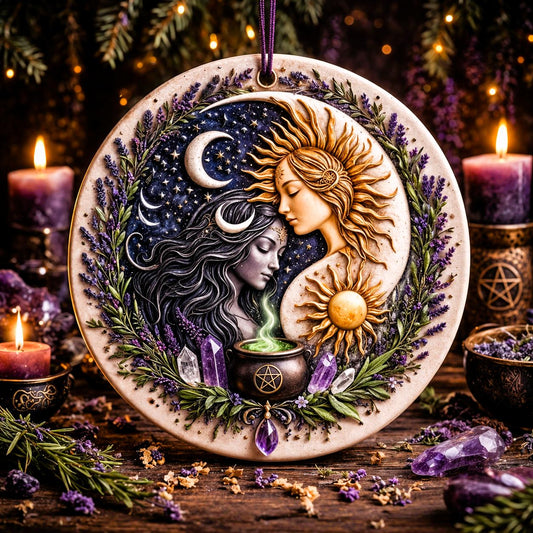 Wiccan Goddess Sun and Moon Christmas Ceramic Ornament - Pagan Yule Ornament-MoonChildWorld