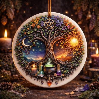 Wiccan Goddess Sun and Moon Yule ceramic ornament with a vibrant Tree of Life, pentacle, and mystical elements.