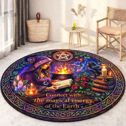 Round Wiccan rug with a witch, cauldron, pentacle, raven, and "Connect with the magical energy of the Earth" text.