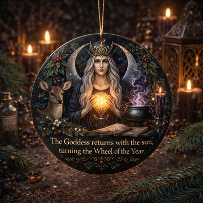 Wiccan Goddess Yule ceramic ornament with a blonde goddess, deer, cauldron, and "The Goddess returns with the sun" text.