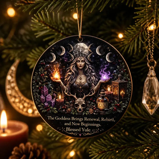 Wiccan Goddess Yule Ceramic Ornament with Moon Phase – Witchy Dark Christmas Tree Ornament_mockup_1.webp