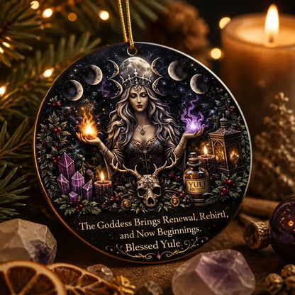 Wiccan Goddess Yule Ceramic Ornament with Moon Phase – Witchy Dark Christmas Tree Ornament_mockup_2.webp