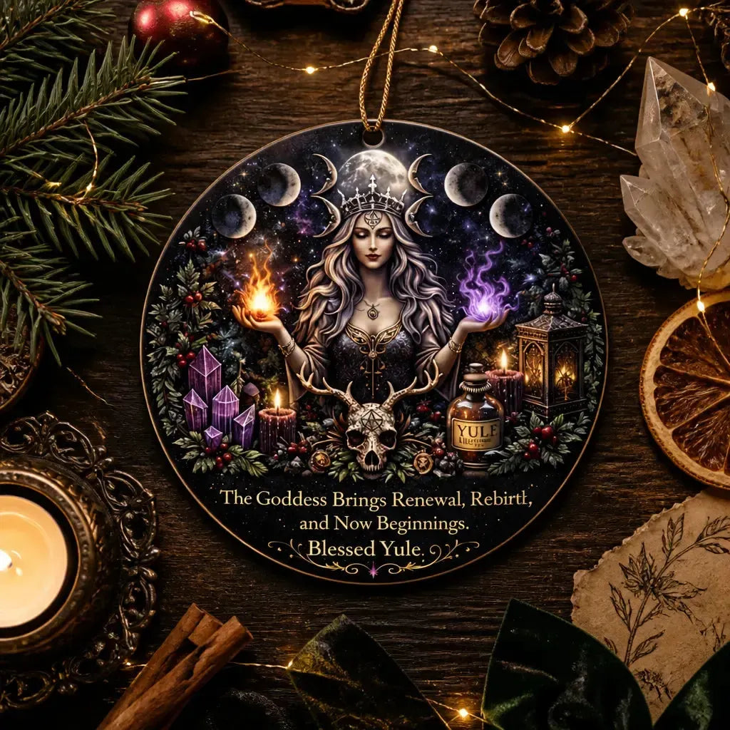 Wiccan Goddess Yule Ceramic Ornament with Moon Phase – Witchy Dark Christmas Tree Ornament_mockup_3.webp