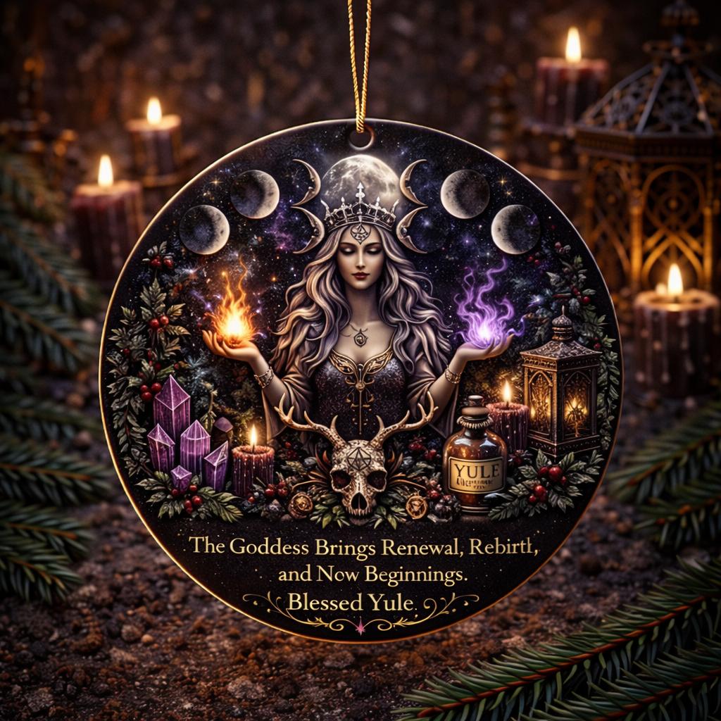Wiccan Goddess Yule Ceramic Ornament with Moon Phase – Witchy Dark Christmas Tree Ornament-MoonChildWorld