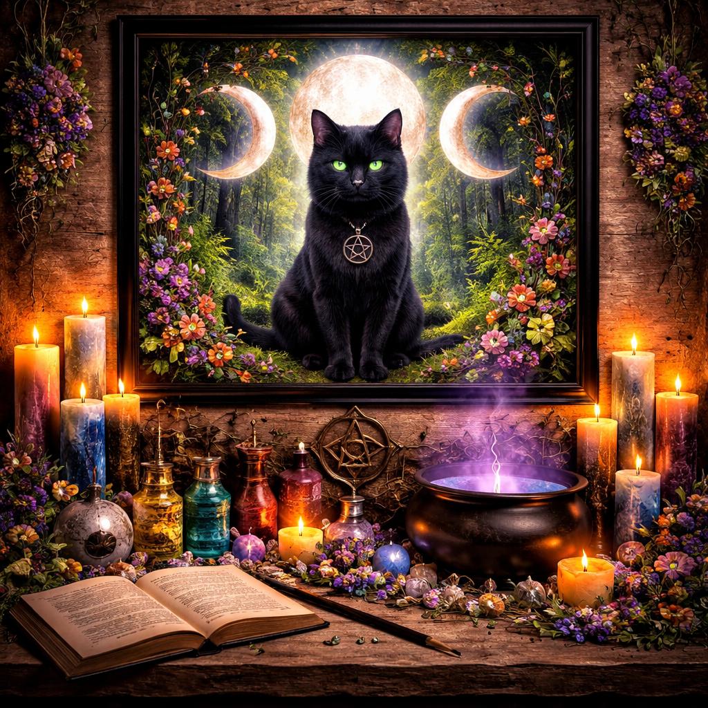 Wiccan Home Decor Triple Moon Black Cat Wall Art - Black Framed Canvas Print for Witchy Decor-MoonChildWorld